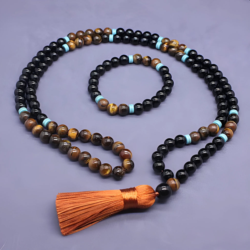 Black agate beads jewellery set with tigereye ornament stone necklace and geometric bracelet