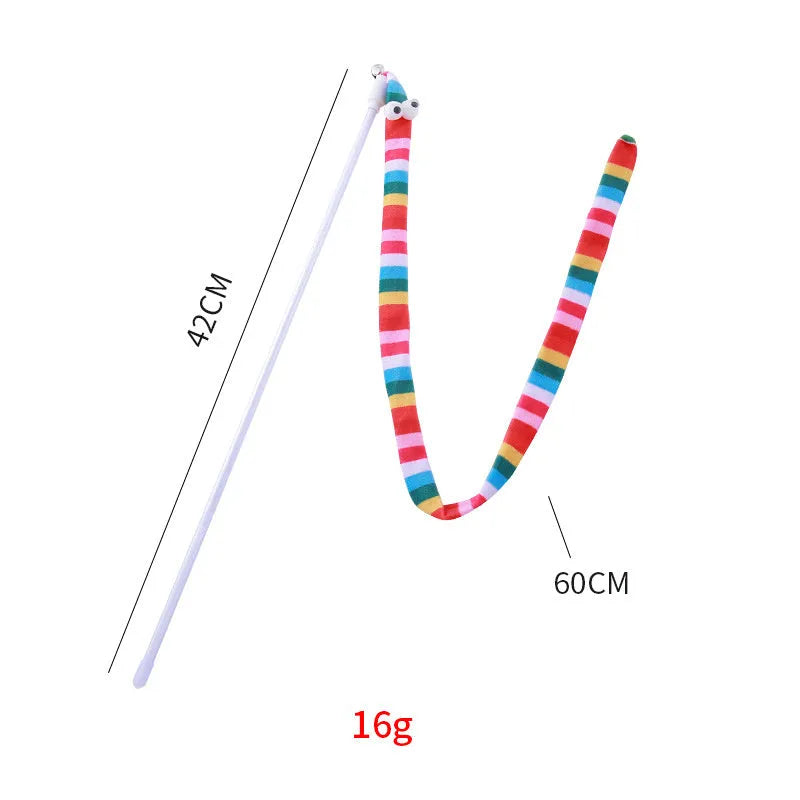 Cat teaser wand with colourful plush strip and bell on a polycarbonate pole.
