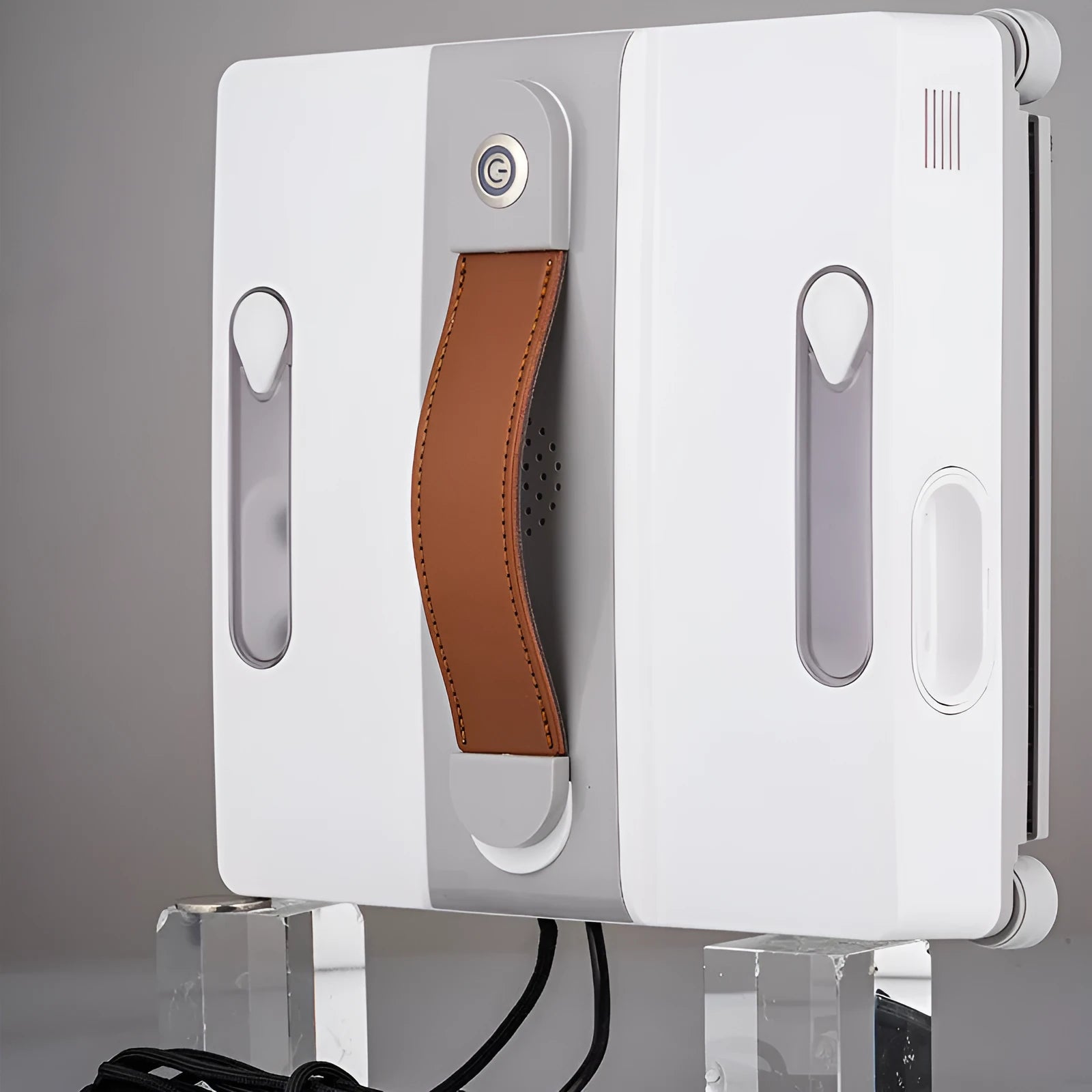 White intelligent window cleaning robot with water spray nozzles for high-rise buildings