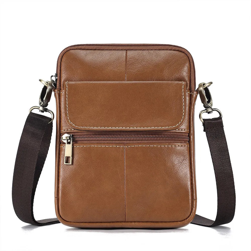 Brown genuine leather crossbody shoulder bag for men with sewing line detailing
