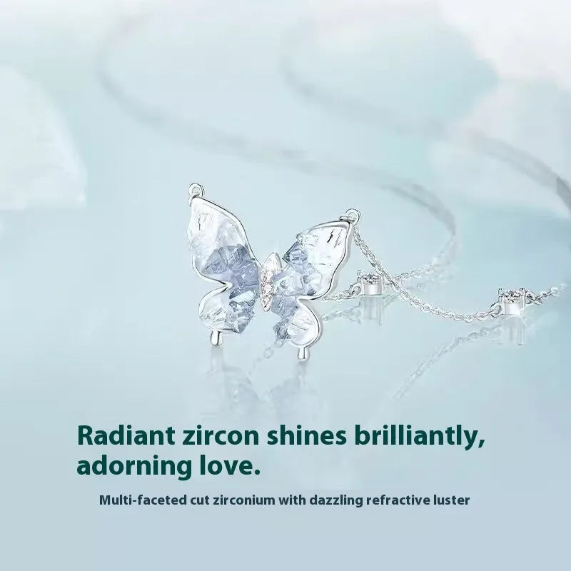 Silver Bingyu butterfly necklace with ice rain design on O-ring chain