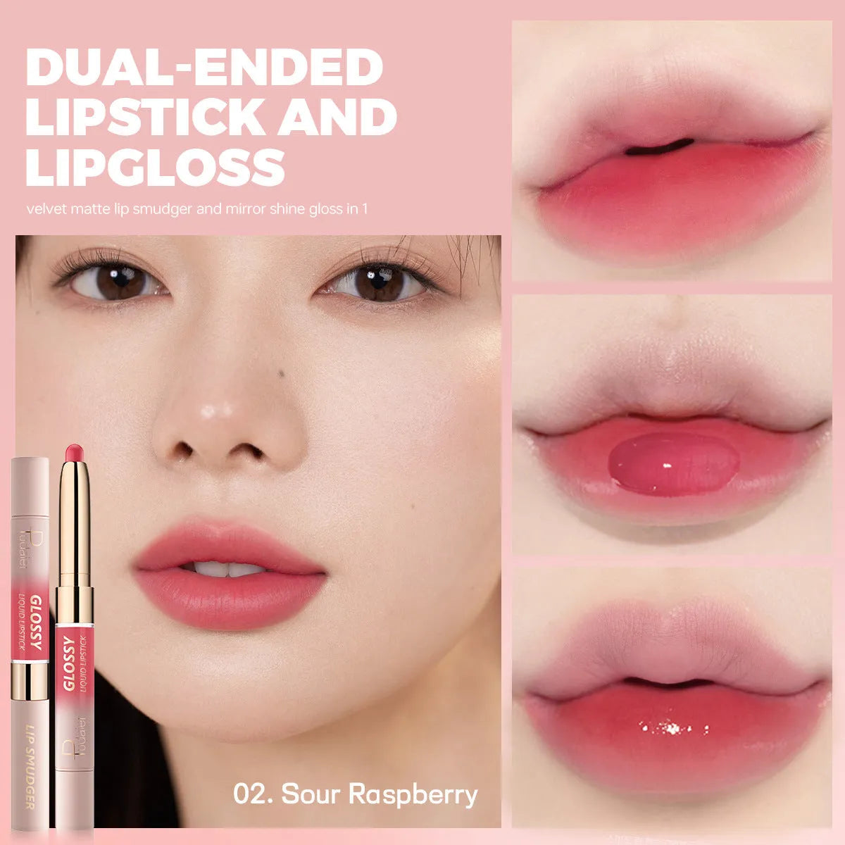 Double-headed lipstick lip gloss in matte finish showing ten colour options with moisturising formula