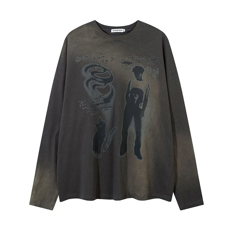 Women's dark grey cotton pullover with letter print and drop shoulder sleeves, loose fit