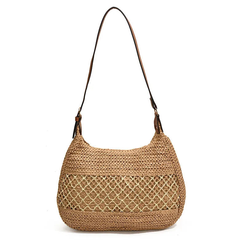 Women's casual straw cross body bag in horizontal square shape with sandwich pocket, shown in khaki colour.