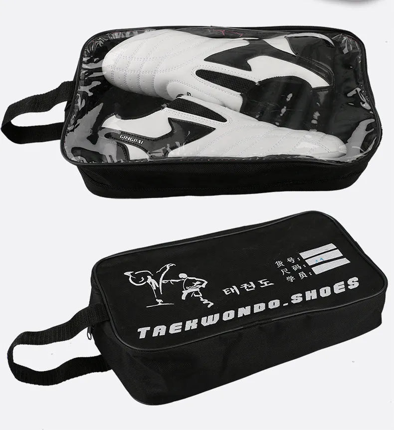 Black and white children's martial arts shoes with soft sole and widened fit for boxing training