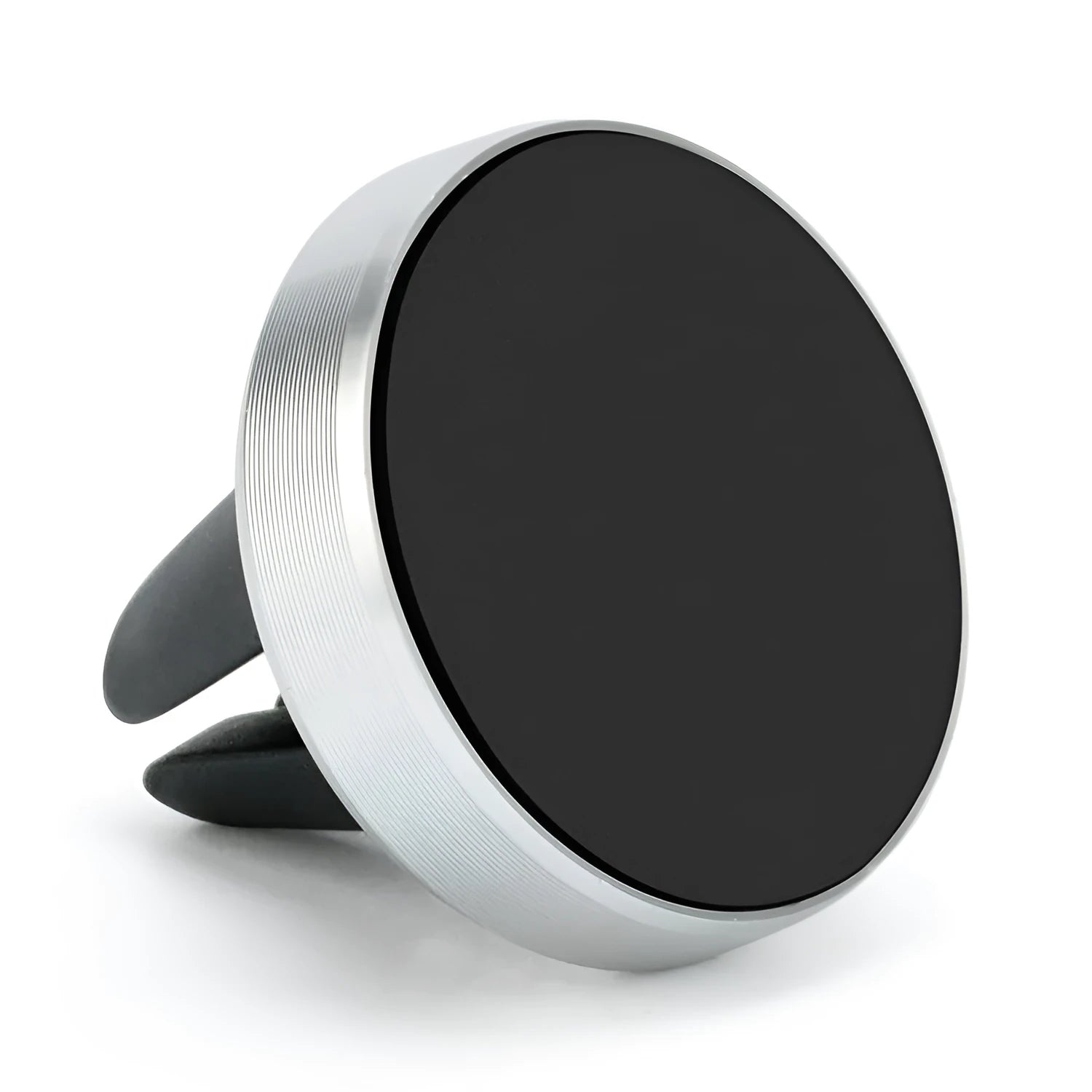 Compact magnetic car air vent phone holder in rose gold, black, silver, red, and gold colours.