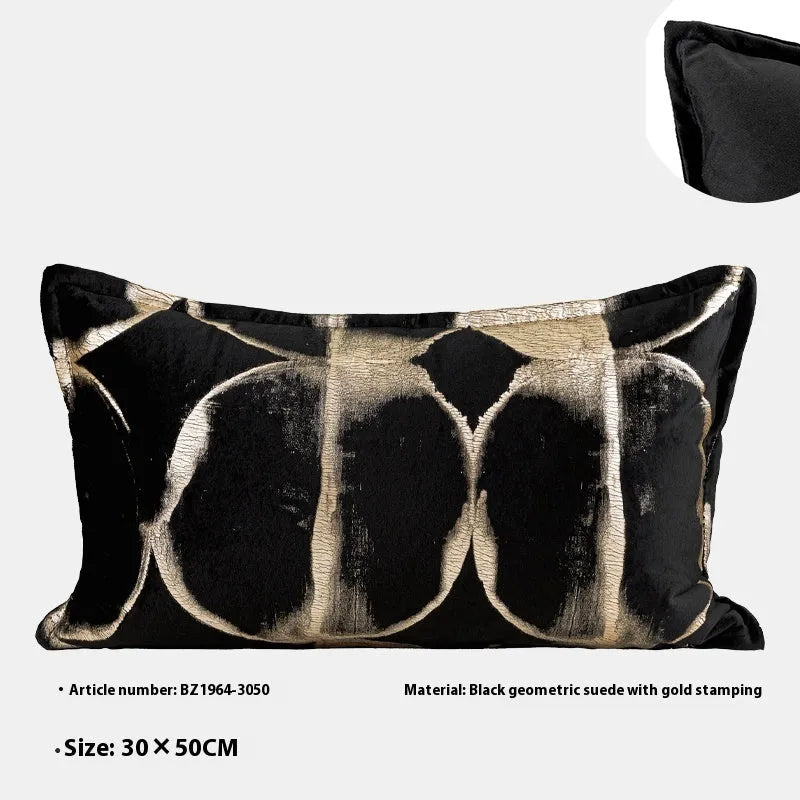 Abstract pattern black and gold flannel decorative cushion with removable cover.