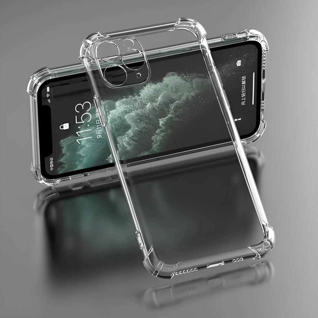 Transparent shockproof TPU phone case for Apple iPhone showing clear protective coverage