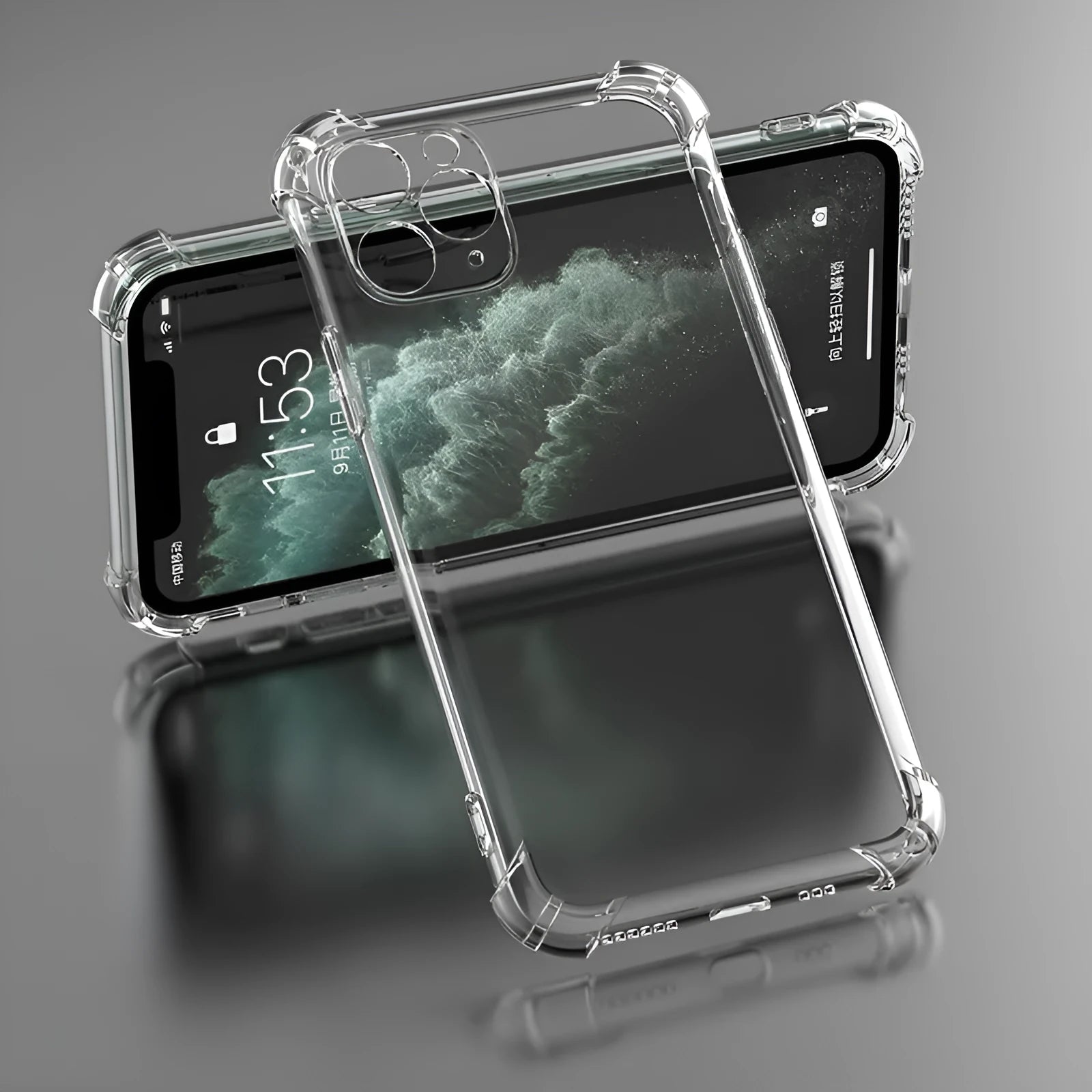 Transparent shockproof TPU phone case for Apple iPhone showing clear protective coverage