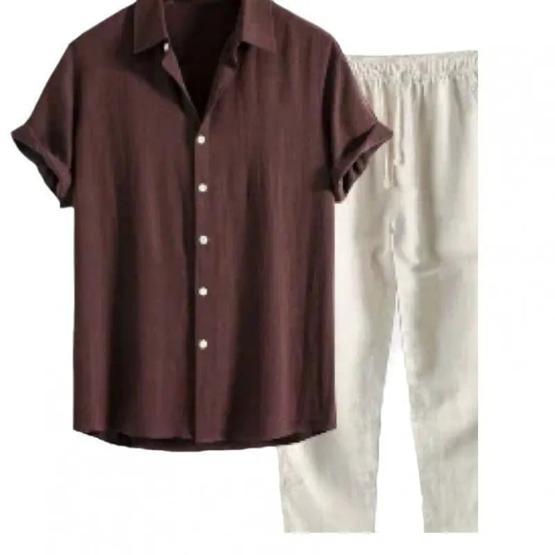 Men's loose fit casual short sleeve shirt and trousers suit in a linen blend fabric.