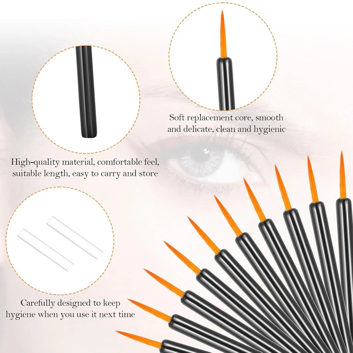 One hundred black disposable eyeliner brushes with fine tips, shown with protective plastic sleeves.