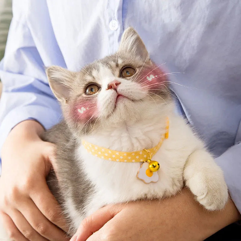 Adjustable cat collar with bell pendant and removable bow tie in green, pink or yellow for small pets