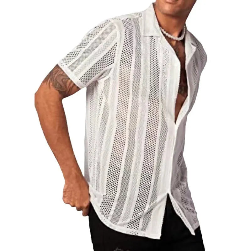 Man wearing a white knitted short-sleeved button-down shirt with a cardigan style front.