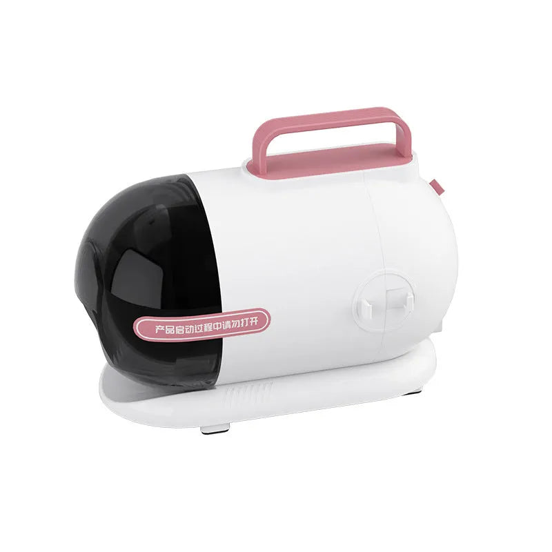 Pink and white multifunctional pet grooming vacuum cleaner with electric shear and attachments on a white background.