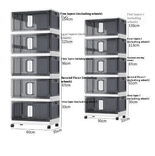 Foldable wheeled storage locker in white or grey with multiple layer options for household organisation