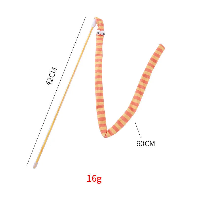 Cat teaser wand with colourful plush strip and bell on a polycarbonate pole.