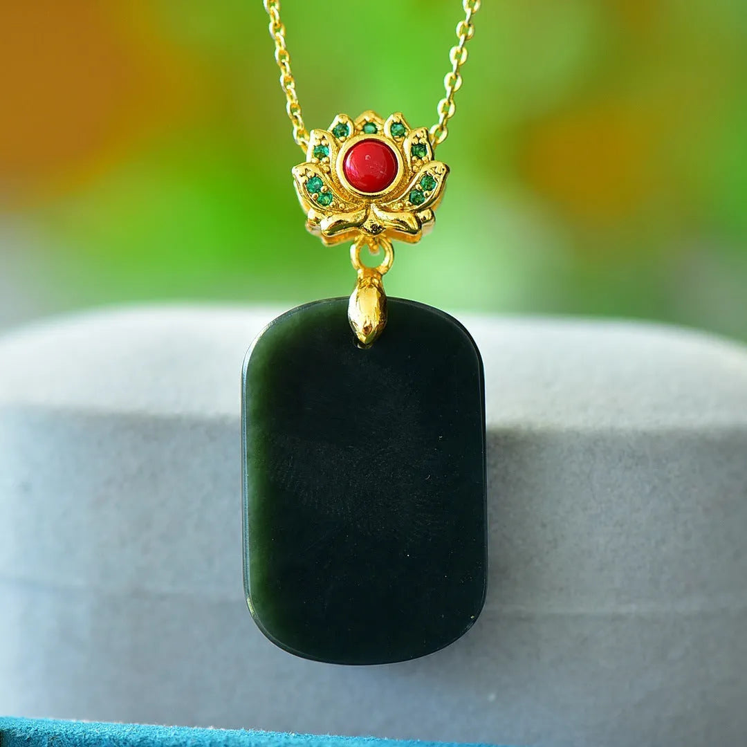 Natural Hetian Jade pendant with copper inlay work in modern minimalist style
