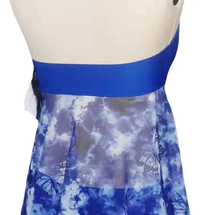 Blue women's bikini briefs swimsuit made from spandex fabric on a mannequin.