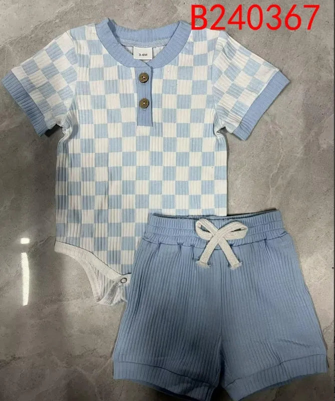 Baby boy cotton two-piece romper set with polo collar and plaid triangle pattern, available in green blue brown black