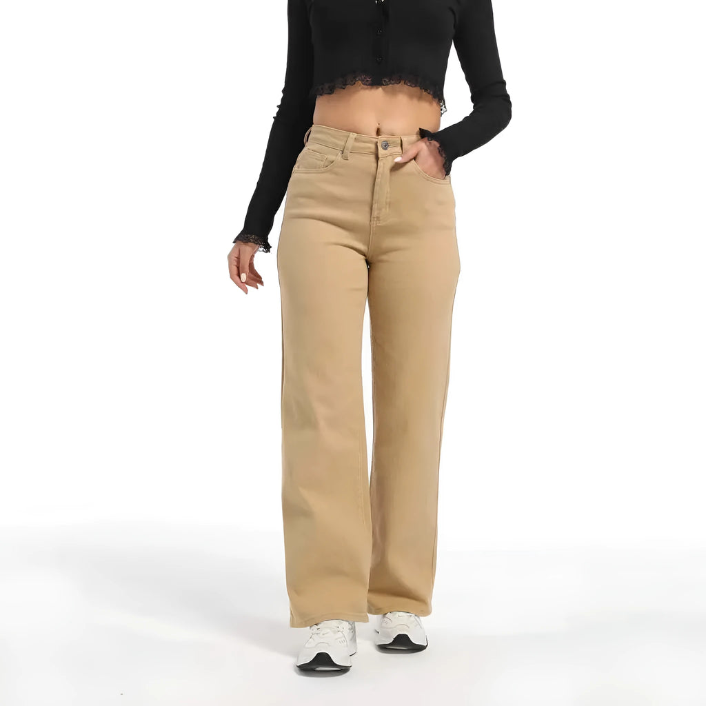 Women's straight wide leg jeans in apricot colour with high waist design