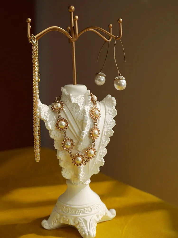 White plaster gypsum jewelry display stand with three layers and retro shape for necklace photography