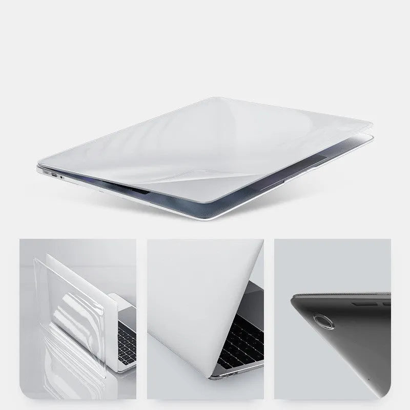 Hard transparent protective case for Apple MacBook Pro laptop showing port cutouts