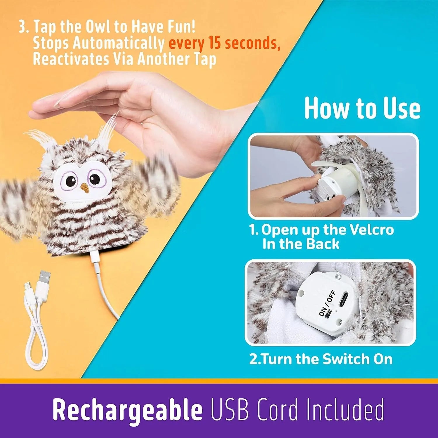 Grey rechargeable electronic owl cat toy with flapping wings on a floor.