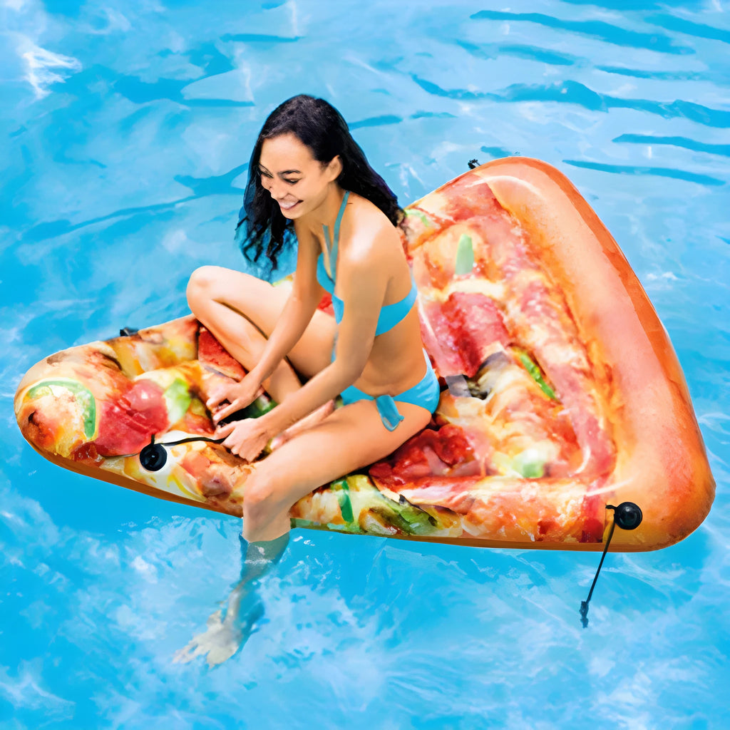 Inflatable pizza float surfboard recliner with vibrant slice design floating on water