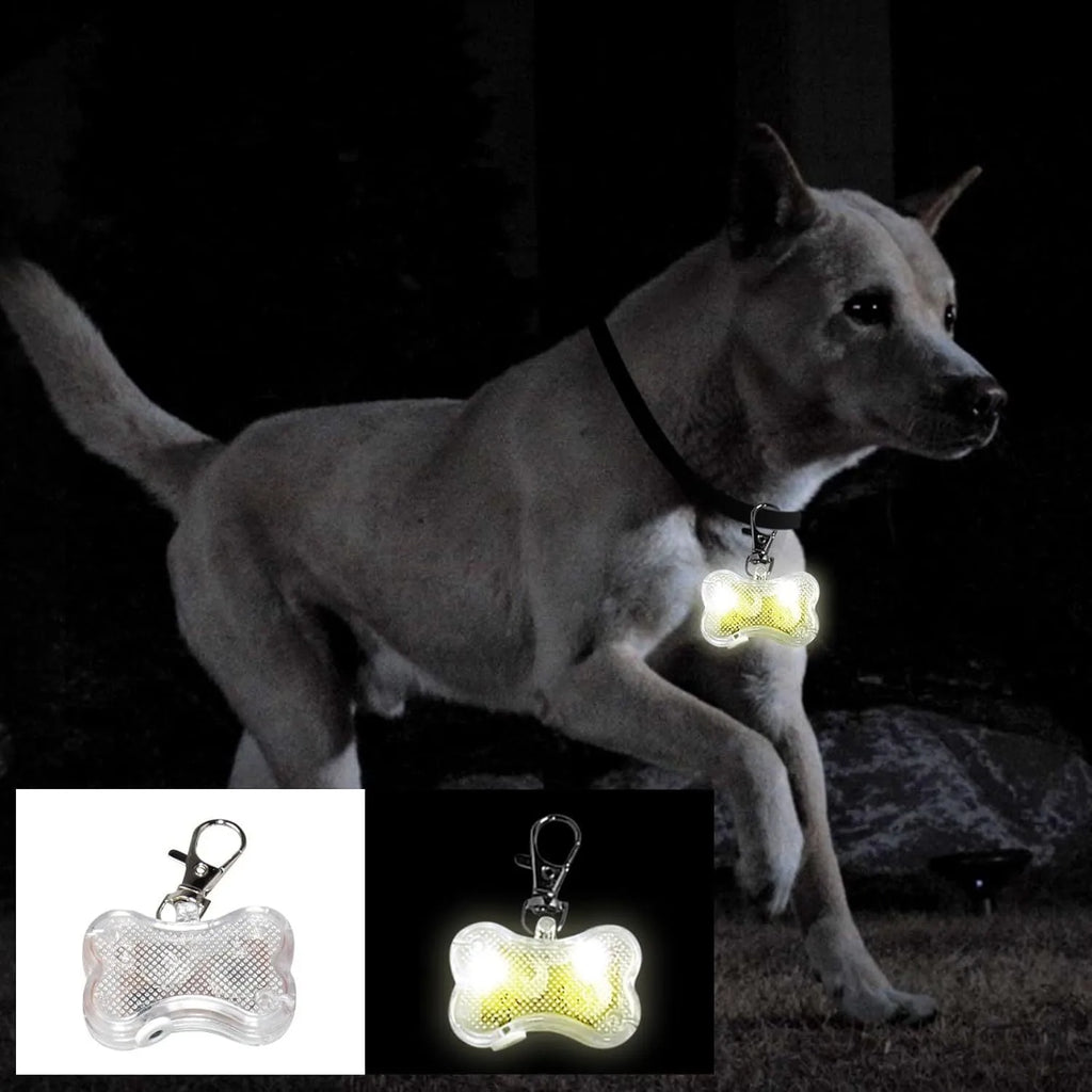 Blue bone-shaped LED luminous pendant for pet collar with three light mode settings.