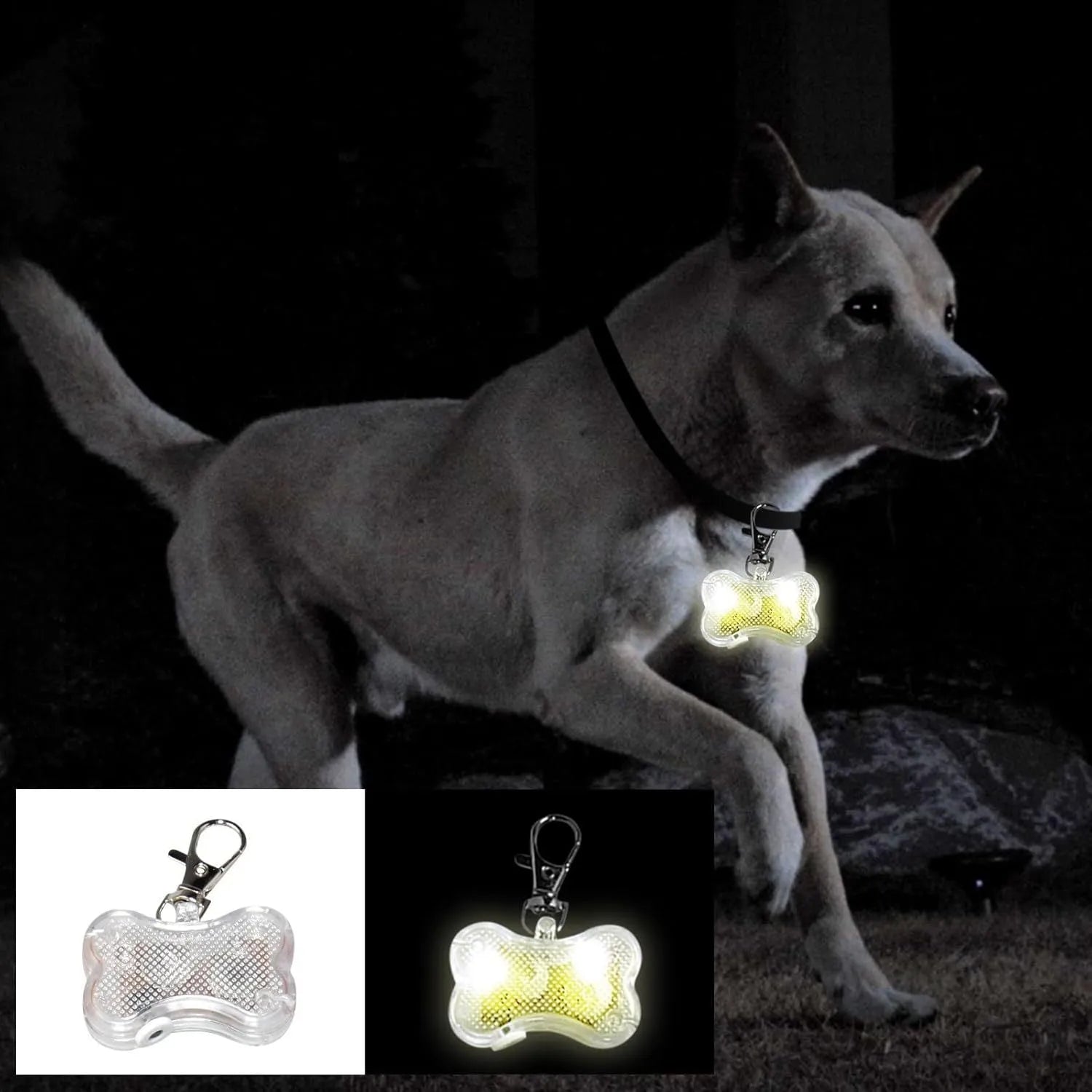 Blue bone-shaped LED luminous pendant for pet collar with three light mode settings.