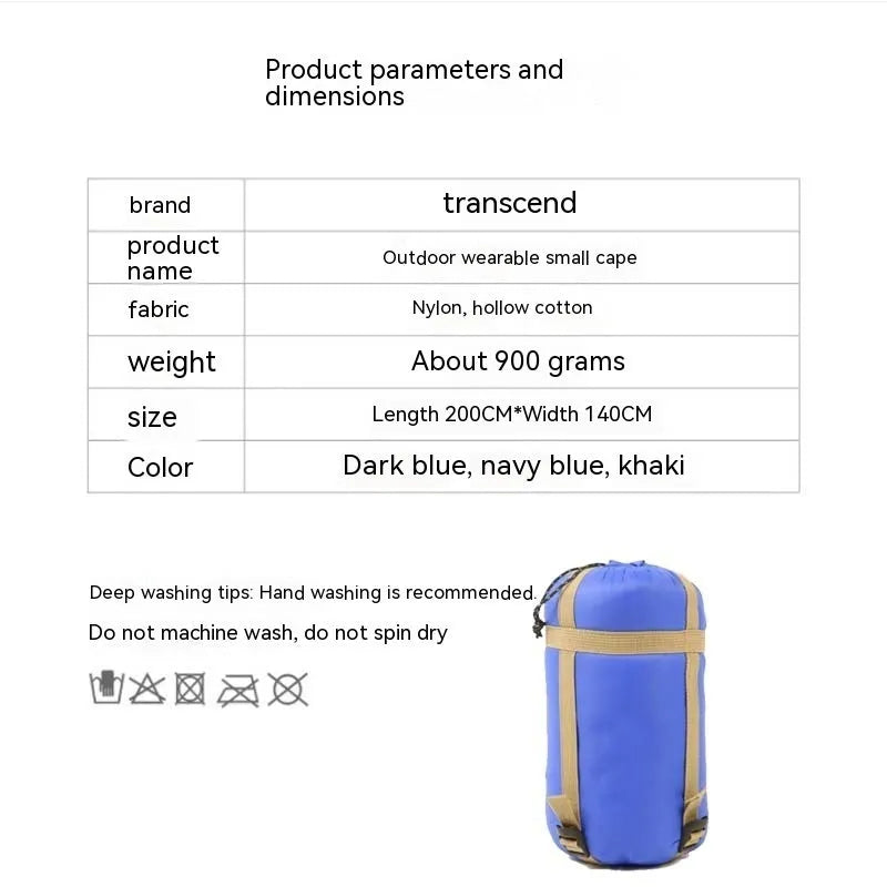 Adult outdoor cloak sleeping bag in Army Green or Gray, shown as wearable cape and laid flat as 200x140cm blanket