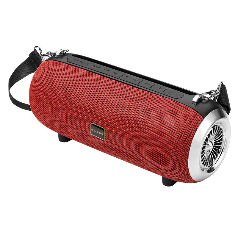 F666 mini Bluetooth speaker in square fabric design with shoulder strap and mobile phone stand