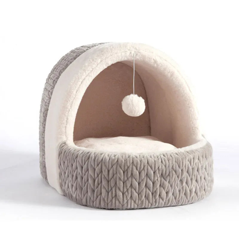 Four Seasons average size semi-enclosed cloth pet bed in pink and gray for cats and dogs