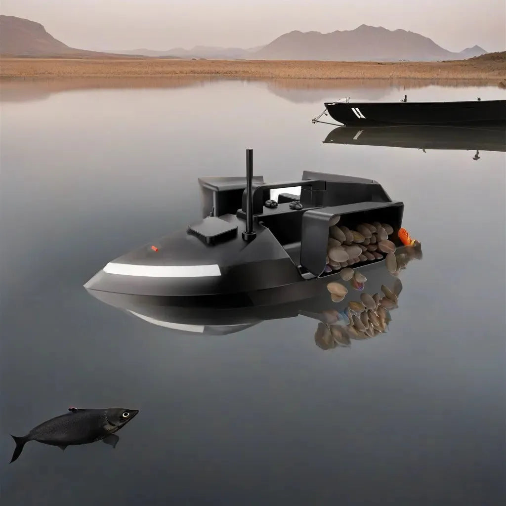 Black GPS remote control fishing boat with LED light on calm water
