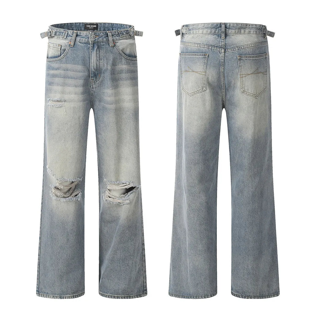 Blue straight-leg men's jeans with a zip fly, shown laid flat.