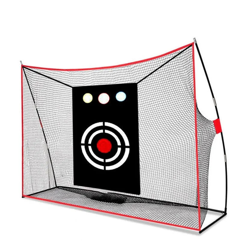 Golf swing wedge training net with 3-hole target, practice mat, balls, and accessories