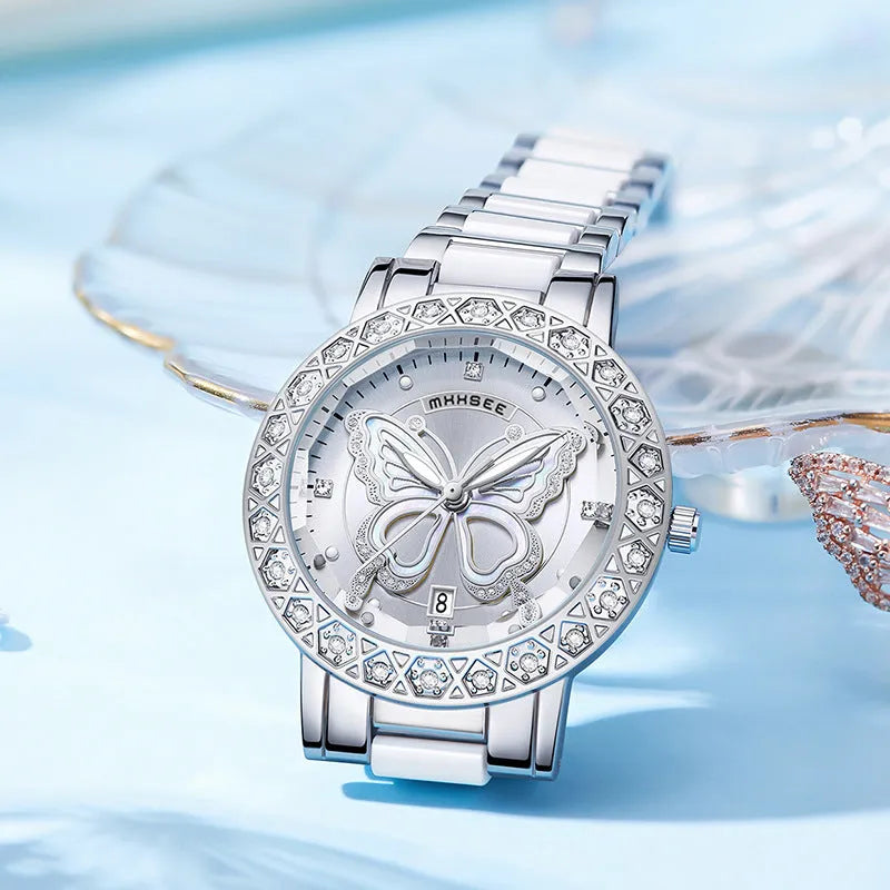 Butterfly diamond-encrusted women's watch with calendar and steel strap, 10mm thickness, available in white pink and purple face colours