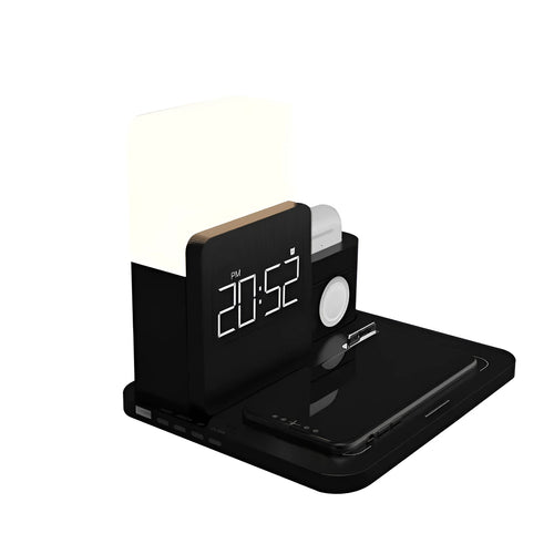 Dark green 3 in 1 folding wireless charger stand for iPhone and AirPods on a desk