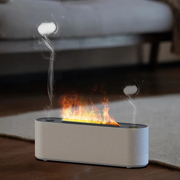 Black and white ultrasonic flame air humidifier and aroma diffuser with LED lights on a table.