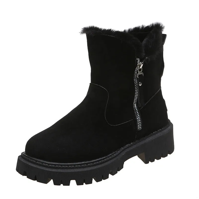 Women's thick plush snow boots with side zip, faux suede upper and non-slip rubber sole