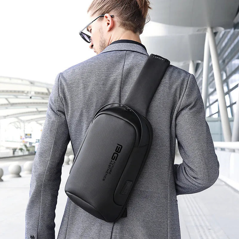 Men's blue oxford cloth business shoulder bag with USB charging port showing letter detailing