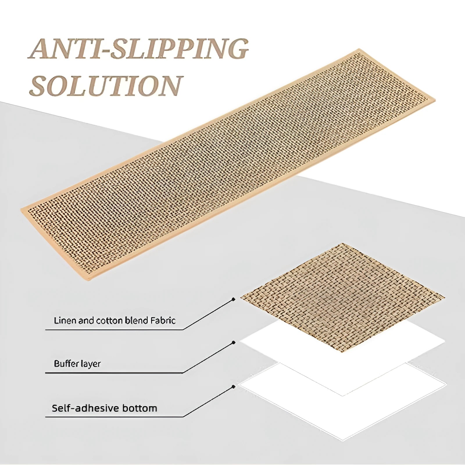Japanese-style linen-look stair mat in camel colour with rubber bottom measuring 20cm by 76cm
