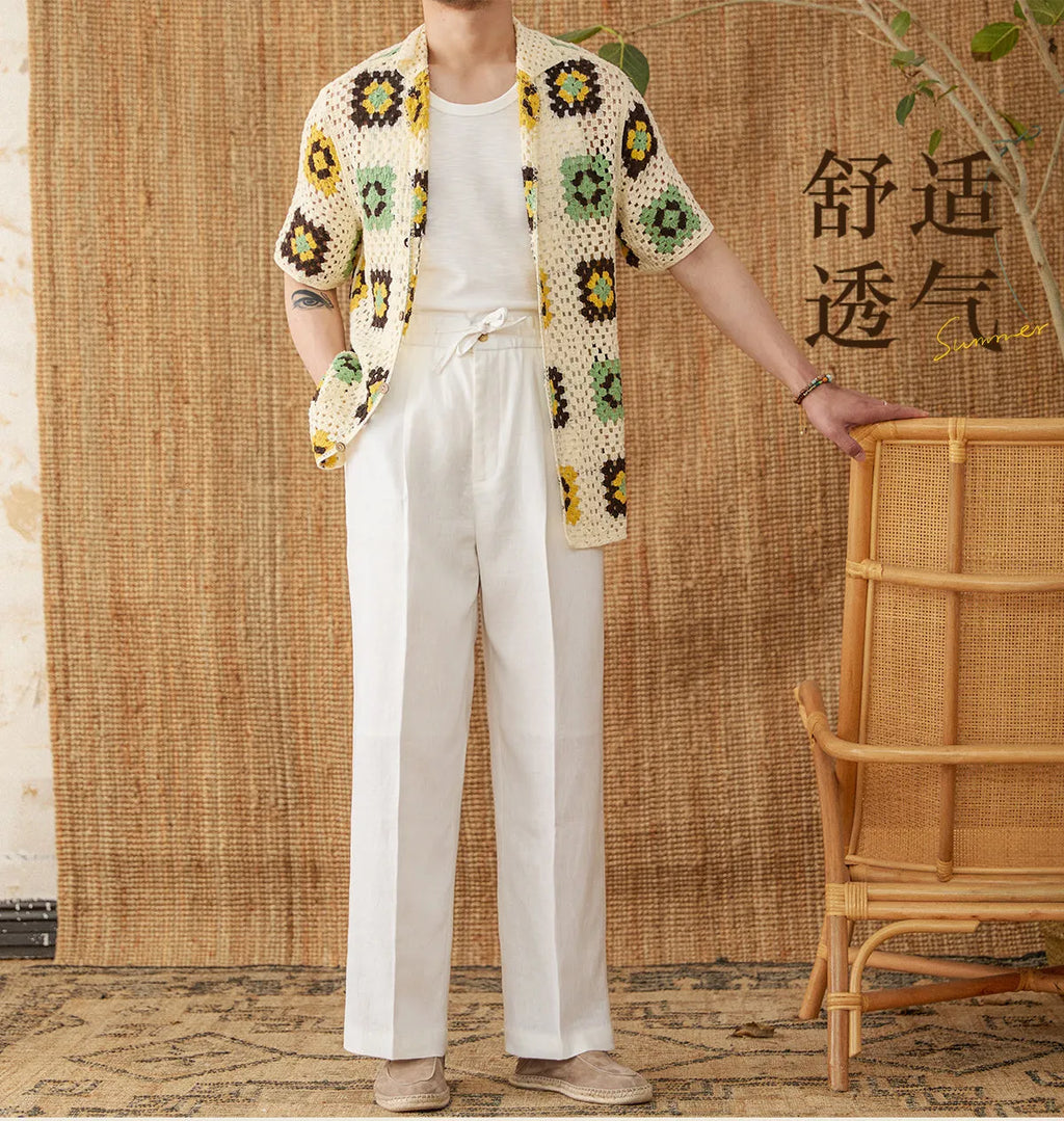 Linen straight-leg casual trousers with an elasticated high waistband in greige colour.