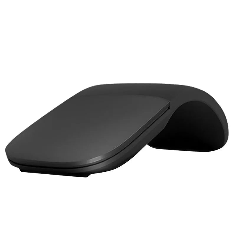 Folding Bluetooth wireless mouse shown in black, demonstrating its compact 131.2mm length and touch surface.