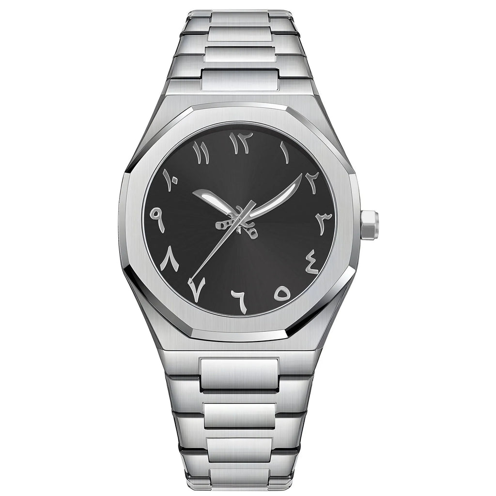 Men's business casual watch with steel strap and quartz display in black, silver, and scale colour options