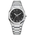 Men's business casual watch with steel strap and quartz display in black, silver, and scale colour options