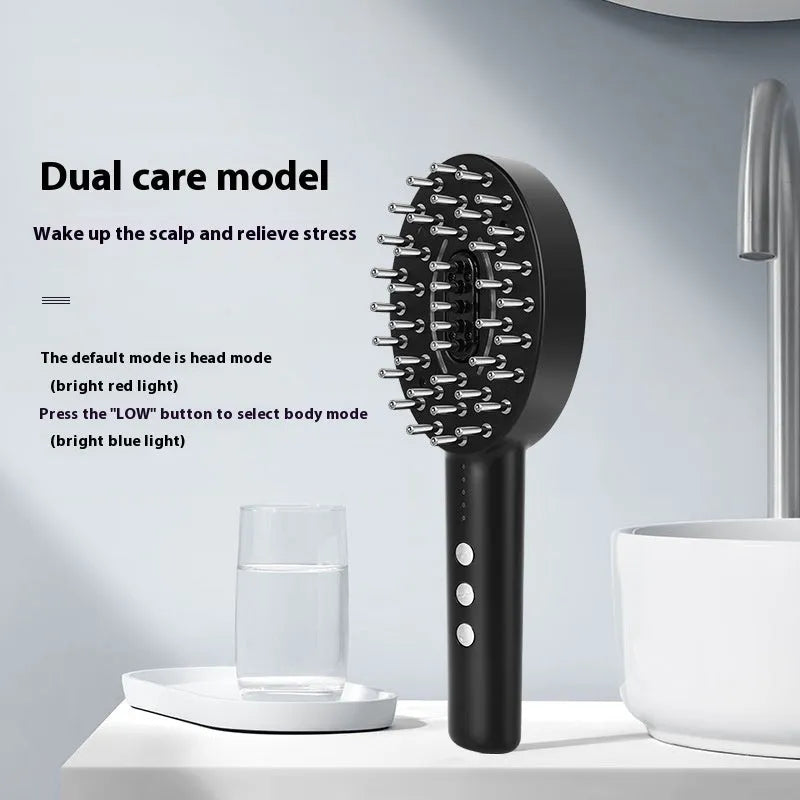 Black handheld rechargeable scalp massager and treatment applicator device with USB cable.