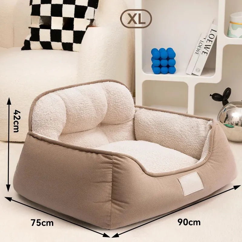 Plush pet bed in three sizes with washable fabric for indoor dog use