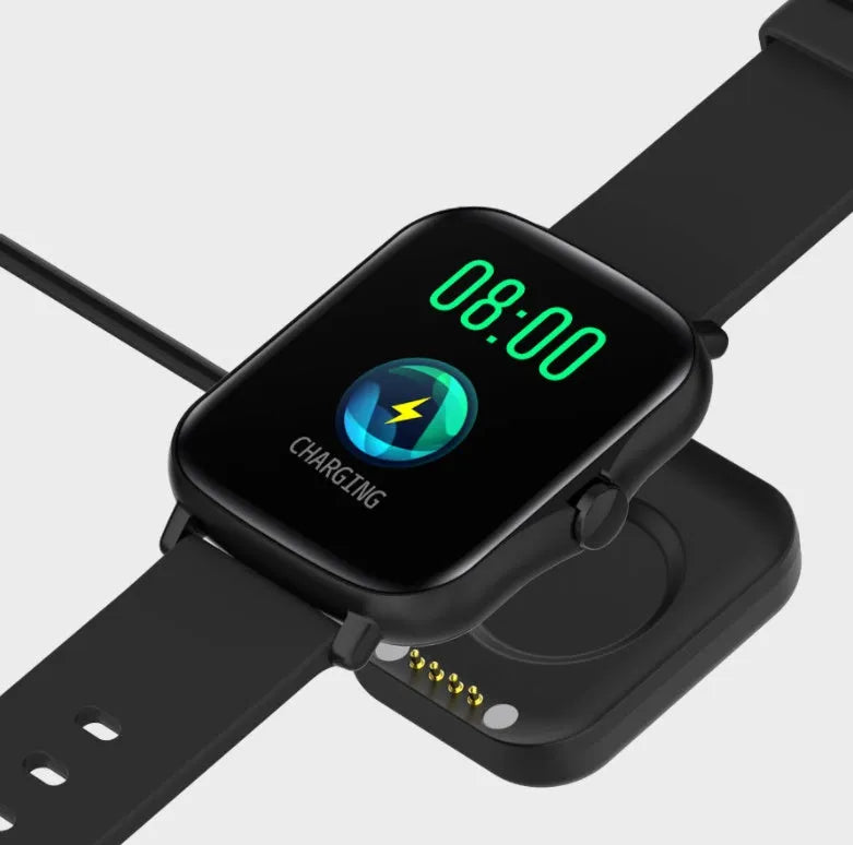 Black smart watch with 1.7-inch colour touchscreen on an adjustable strap, showing a fitness tracking interface.