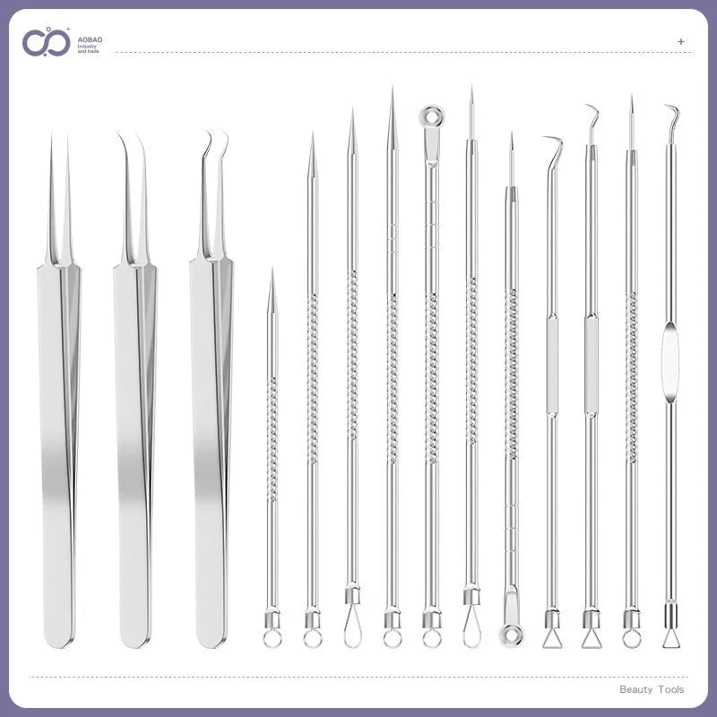 Four metal acne needles with ultra-fine pointed tips laid out in a set.